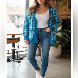 Zara Teal Checkered Knit Cardigan